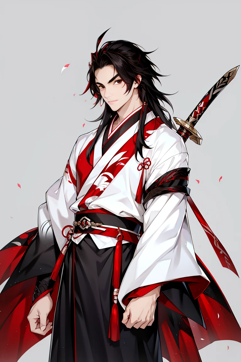 Japanese Man, Hanfu, red and white long sword, black hair with mxiture of dark red, red eyes