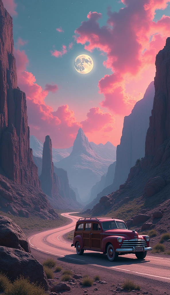 Live action One retro wagon car on the road.
Faces of rocks standing on both sides of the road.
Pink clouds in the sky, realistic full moon and swirling sky.