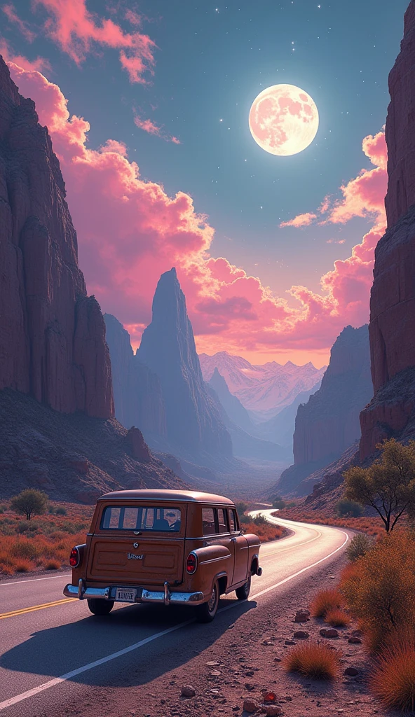 Live action One retro wagon car on the road.
Faces of rocks standing on both sides of the road.
Pink clouds in the sky, realistic full moon and swirling sky.