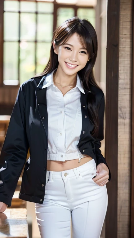 A Japanese milf, 1 girl, (slender figure:1.2), realistic detailed teeth, double eyelids, beautiful smile, full-body, jacket, white shirt, skinny pants, (best quality,4k,8k,highres,masterpiece:1.2),ultra-detailed,(realistic,photorealistic,photo-realistic:1.37),detailed beauty, pub scene