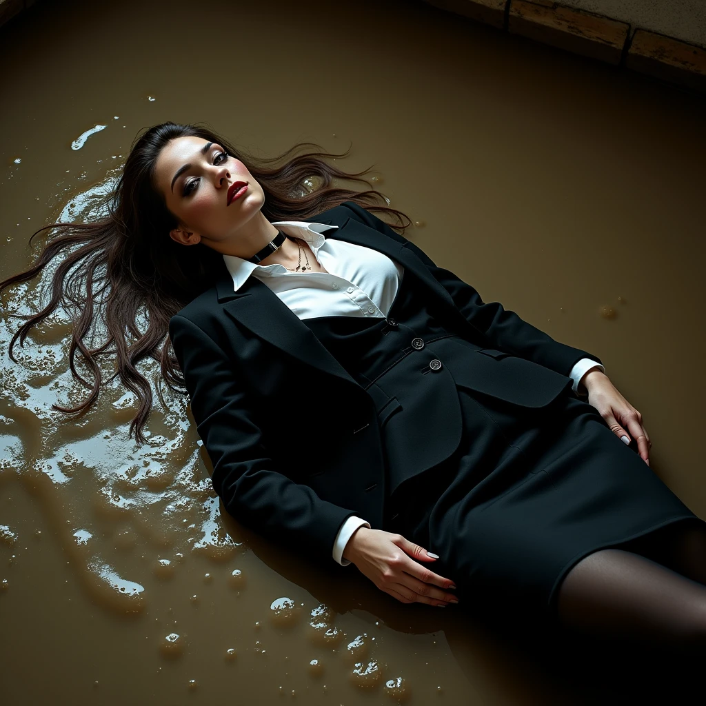 A realistic photo of one slender business goth lady, model-like appearance with long hair. She is dressed in long black business pencil skirt(very torn and very tired and very ripped) made from cotton fabric, black business jacket(torn, muddy, dirty) made from cotton and wool fabric. black business vest, white muddy shirt, stockings, black choker on the neck. She located in very muddy and very flooded office. She sitting on backs leaning on her elbows deep in dirty water and liquid mud, she smears a lot of liquid mud on her black business pencil skirt, jacket, vest, shirt, stockings, face, hair from head to toe. Her skirt and jacket extremely stained and covered with liquid mud, dirt and streaks from it, which has flows down from her jacket, shirt to her skirt, creating a messy and sloppy appearance. The light brilliantly illuminates all her clothes in details, casting small shadows and emphasizing the texture of the liquid mud on her clothes. View angle of the camera from top and rotated in different angle from the business lady.