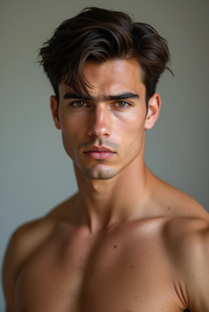 create a photo of a 25 year old, with an average height (1,80m), brown hair and dark brown eyes. His physique is strong. He has a serious expression 