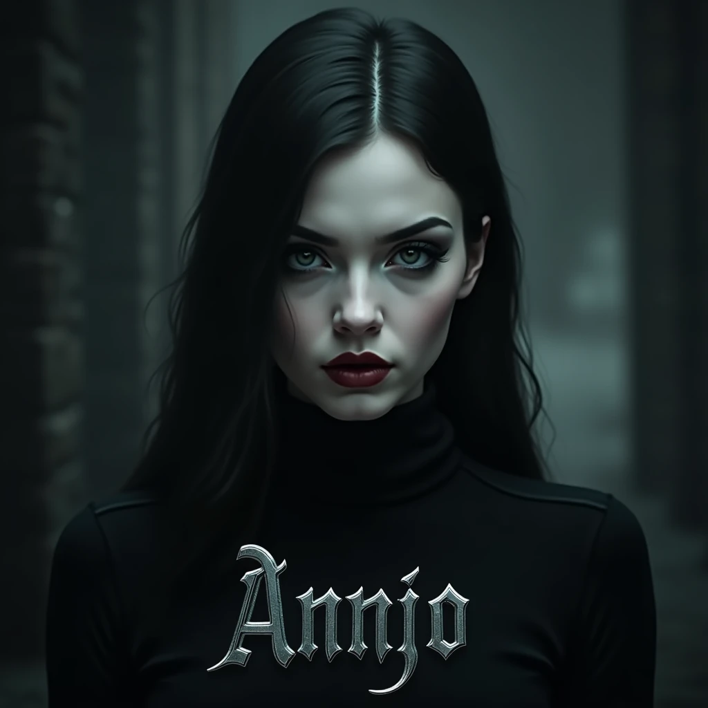 Gothic woman face, shirt with the word ANNJO written in silver