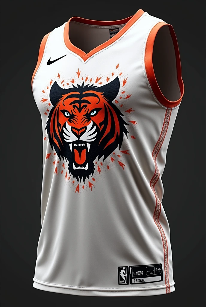 Create a basketball jersey, white color with a tiger scratch in the middle