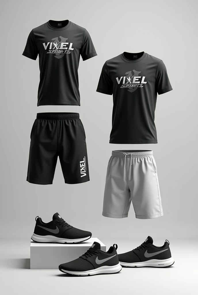 create an image of export clothing with the vixel sports logo written on it, just clothes shorts t-shirt sneakers etc.