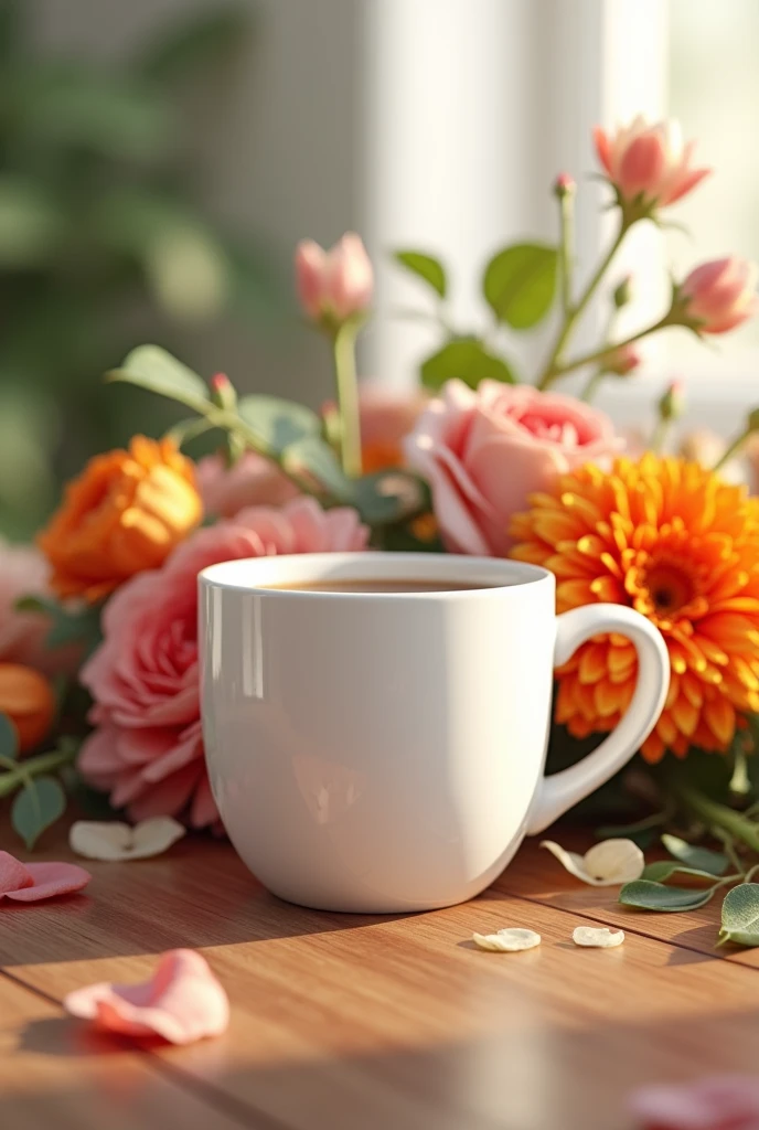 White coffee cup,photorealistic,Placed on the table are beautiful flowers.