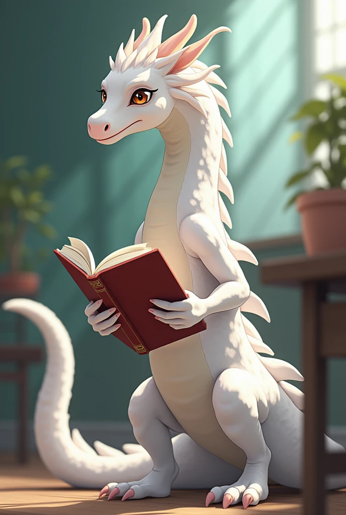 white juvenile dragon mele, ideal body, ,still in high school being a student council member, wearing student council clothes, anime texture, he was reading a book while standing with one hand