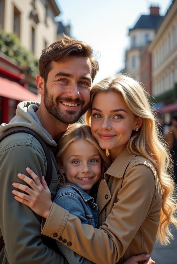 Blonde  , blue eyes very long hair hugging her father, brown hair and eyes and her mother blonde green eyes long hair taking a selfie on the streets of London 8k ultra realistic 