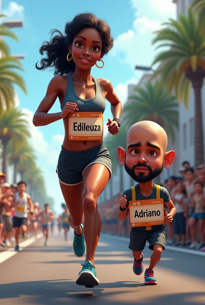 Black woman running marathon with Edileuza sign. short white man with dark beard bald with sign Adriano caricature