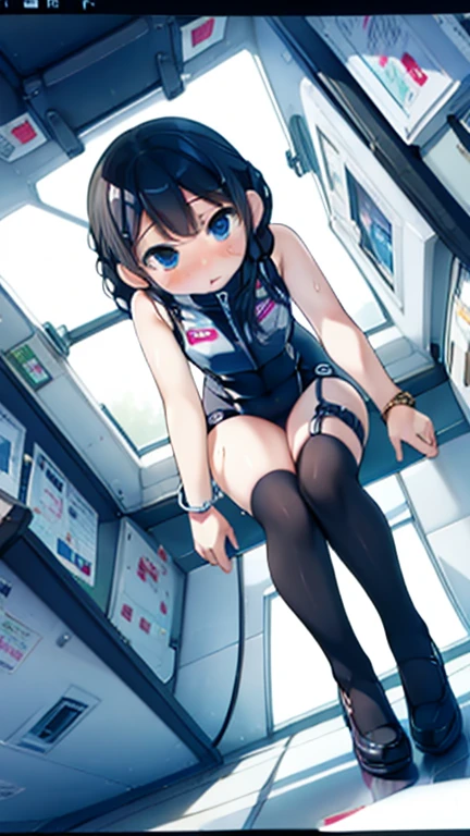 (Highest quality), (masterpiece), 1080P, High resolution, 4K, 8k, Inside the space station、Futuristic room、Thigh straps, Shooting from directly below, The woman on top of me, 白いSweat, Covered , Sweat, Woman looking down, Skirt swimsuit, Thigh-high socks, To achieve this, , , whole body, Black leather shoes, Braided hair, Inner Color, Embarrassed face, Short black hair, bracelet, Bedroom,celestial body_Vest
