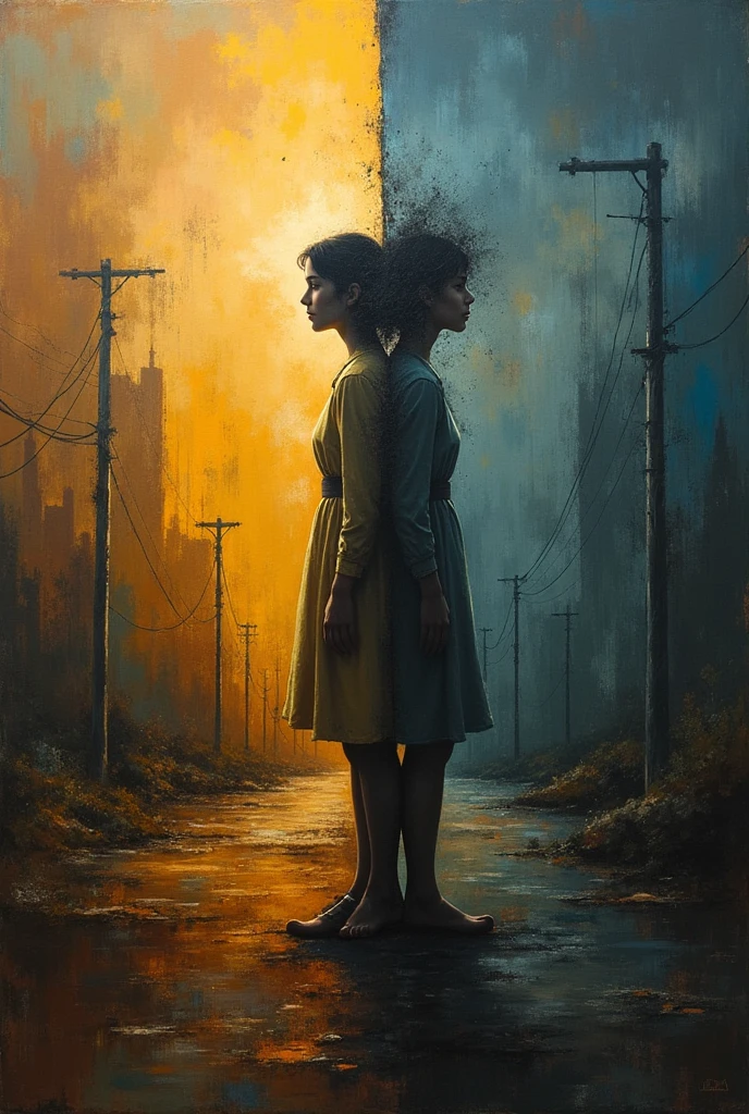 a half half painting, making a critique about the feeling of nostalgia as bad and good
