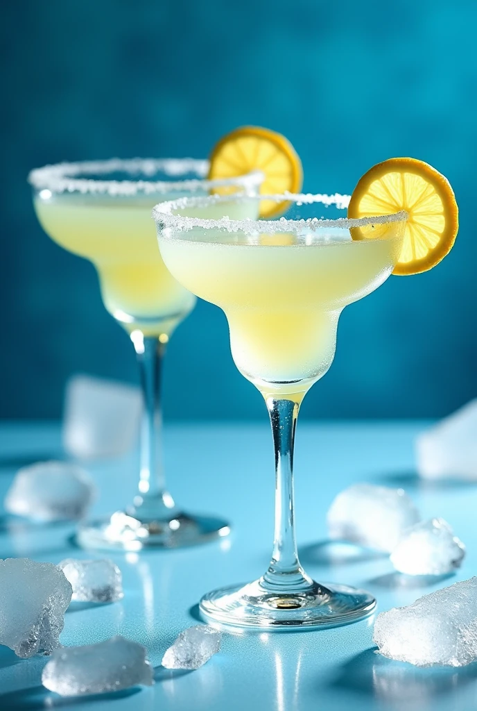 The image shows two margarita-type cocktail glasses..., Both decorated with a slice of lemon on the rim and a ring of salt on the edge of the glass... The glasses are placed on a cold surface, the cocktail glasses then have ice particles and a blue background