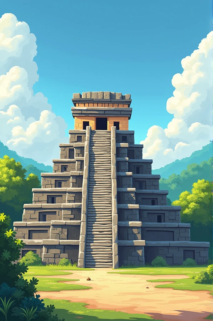 The number 5 in big size and in front of the cartoon Tikal tower
