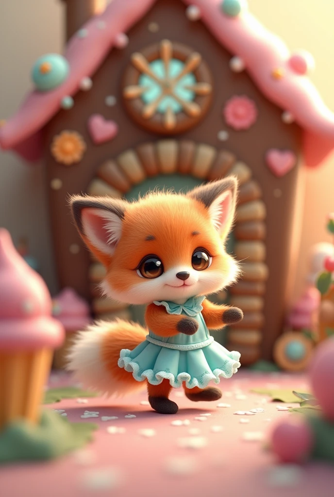 A little fox cub stands on its hind legs,The cutest little fox I've ever seen,Adorable appearance!!!,
Cute chocolate candy house background,He dances,
She is wearing a frilly outfit like a cute idol in light blue.