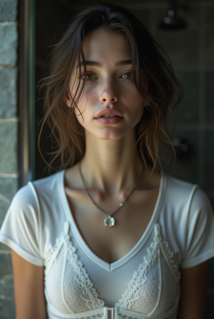 (masterpiece, photorealistic:1.4, extremely intricate:1.3, radiosity, photon mapping, dtx, 8K), ((((closeup necklace, naked only with lace bra and panties, humid, [medium breasts:large breasts:0.8])), humid, [skin detail:freckles:0.7], natural, 19 year teenage supermodel), dark room, ((stone shower, glass shower, clean)))
