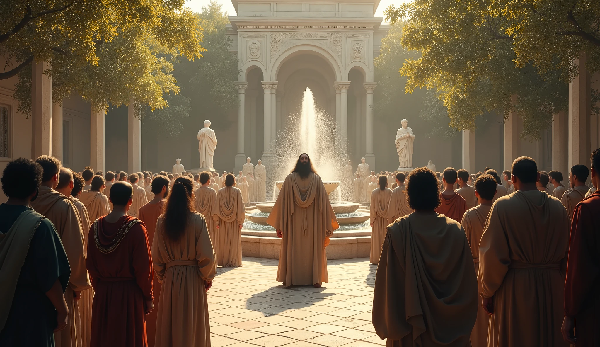 Create a hyper-realistic and mysterious image of Solomon in a palace square, surrounded by citizens of different ages and social classes, all wearing traditional biblical-era costumes in muted tones. Solomon is in the center, offering his words of wisdom, while the surrounding citizens listen attentively. The scenery should include statues, fountains and leafy trees, all illuminated by a soft, golden light that creates an atmosphere of peace and mystery. The image should capture the importance of shared wisdom and the lasting impact it has on people's lives., with a focus on an environment that suggests depth and mystery.