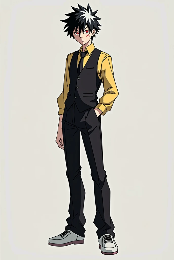 Create a pubescent Boku no hero academia style male character, tall and with a serene expression, with black sclera, red iris and black pupil, black hair with white streaks and an X-shaped scar on his cheek, with a black vest with black pants and white shoes, with a yellow shirt and a small tie
