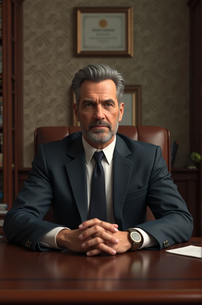 Create a man sitting in an office in front of an official 