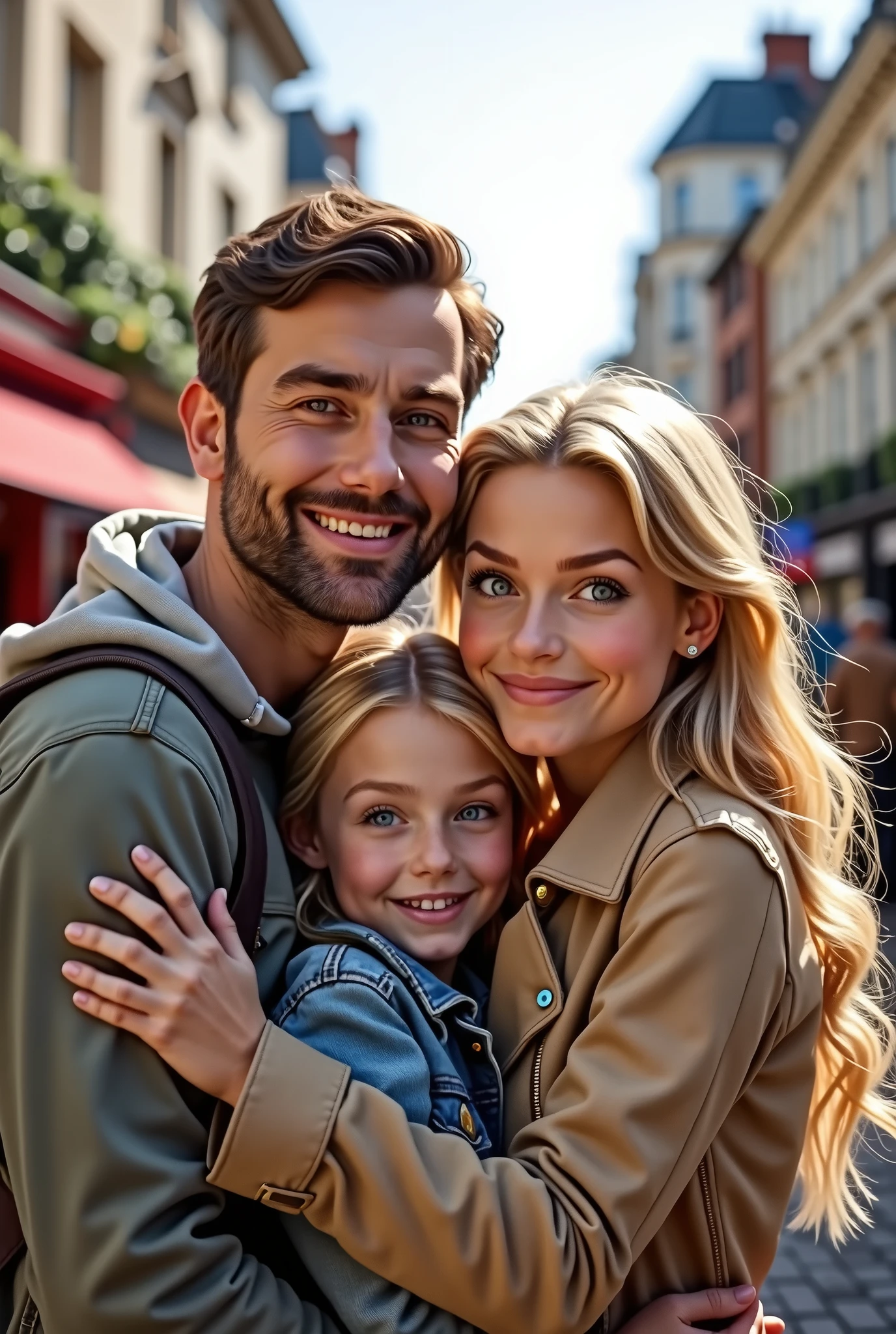 Blonde child , blue eyes very long hair hugging her father, brown hair and eyes and her mother blonde green eyes long hair taking a selfie on the streets of London 8k ultra realistic