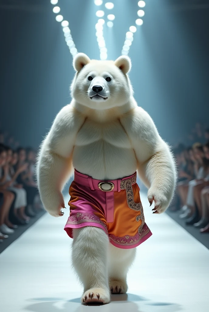 A beautiful white panda wearing shorts cloth walking down the runaway at a fashion show,
