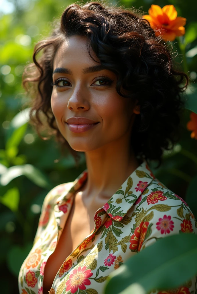 A Brazilian woman in a lush tropical garden, wearing an open shirt with a floral print, with a close-up capturing the harmonious beauty between her breasts and the natural flowers, showing off your natural charm and outgoing personality.