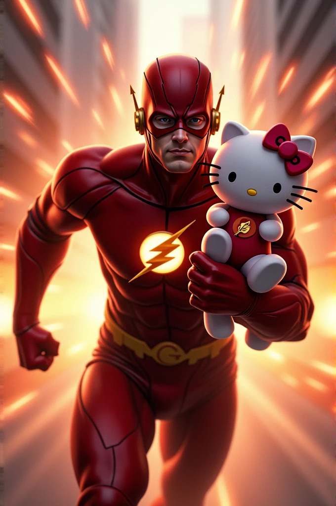 Flash carrying Hello Kitty in one arm