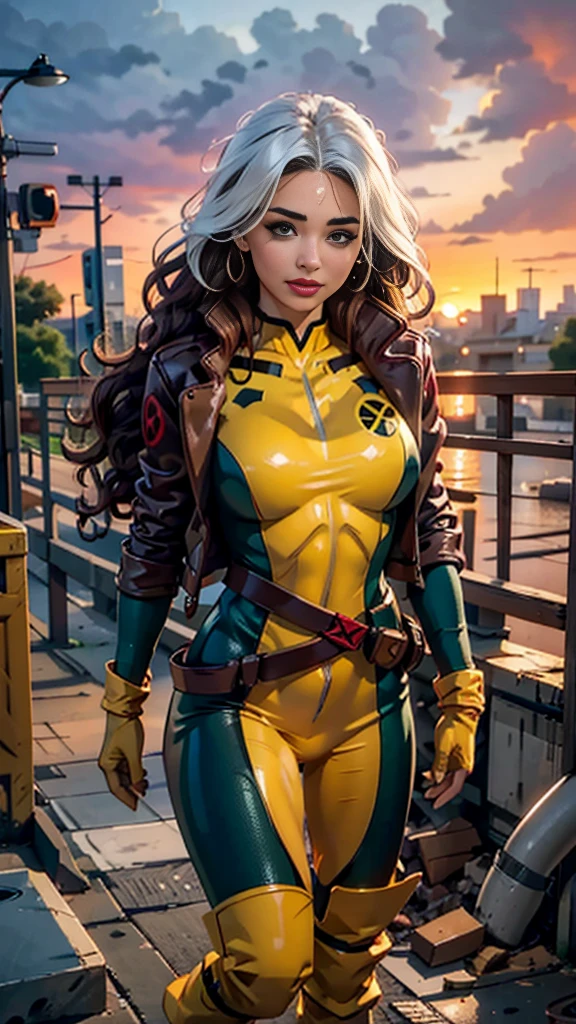 Miranda Kerr、Wet、Full body portrait、Long Hair、Brown Hair、Green Eyes、lipstick、compensate、lips、Emphasize cleavage、sexy、White stripes in hair、like、Wavy Hair、Disheveled Hair、Curly Hair、middle～Large Breasts、Surface Plot、((Kelli Berglund:Bailee Madison:0.5))、Yellow suit、Jacket、gloves、belt、アマリロのgloves、Green suit、(Bodysuits:1.4)、Multicolored clothing、(Superhero:1.4)、Firm Skin、Multicolored clothing、Garden and wisteria background、Official Art、Highly detailed CG 8k wallpaper、Perfect lighting、Colorful、bright_amount_method_Light、piel bright、(masterpiece:1.0)、(Better Quality:1.0)、Ultra-high resolution、4K、Super detailed、Director of Photography、8k、HDR、High Resolution Lights、 (Disorder:1.2)、Kodak Portrait 400、Film Grain、Blurred Background、(Bokeh:1.2)、Lens flare、(Bright colors:1.2)、Professional photos、(Beautiful way:1.5)、More detail in 8K。Unreal Engine:1.4、Hmm、Better Quality:1.4、Real:1.4、Skin temperature:1.4、masterpiece:1.8、masterpiece、Better Quality、Object Object]、(Detailed facial features:1.3)、(Destroyed city pre-apocalyptic:1.4)、(Apocalyptic Sunset:1.4)