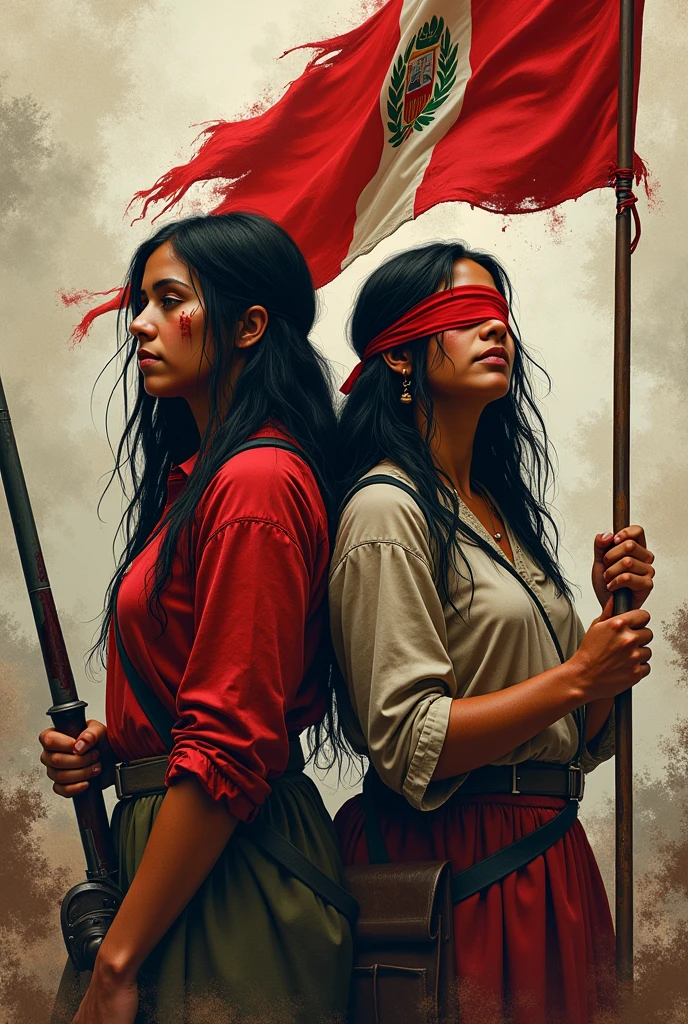 book cover where there are 2 sisters, On the right side a sister with a war weapon blindfolded and on the left side a sister with the Peruvian flag, that the 2 sisters have Andean features. background with chaos and the sisters are with blood stains due to the war