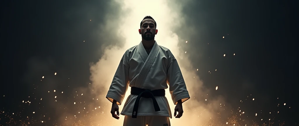 "Create a powerful and inspiring image to be placed below the &#39;Jiu Jitsu Evolution Program&#39; checkout header. The image must show a jiu-jitsu fighter in a traditional kimono, in a strong and determined pose, as if he were about to start a fight. The background should be a subtle transition from dark shadows to bright light., symbolizing the path of evolution and progress.

Subtle elements of movement, like lines of energy or light around the fighter, should suggest dynamism and action. No canto inferior da imagem, include the slogan written in Portuguese: &#39;Your Journey Begins Now&#39;, in a modern and striking typography. The image must convey power, focus and the feeling that purchasing the program is the first step towards a major transformation."