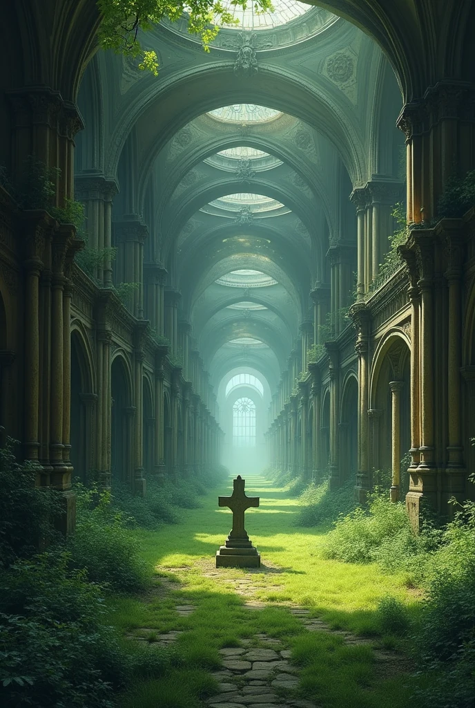 An image where the first thing you see is a grave and it is followed by a row of other graves., The first tomb is seen to be in a meadow while the row of other tombs gradually transforms with two-point perspective or oblique perspective into a hallway in a cathedral or church.. How Rob Gonsalves's Unrealism Works