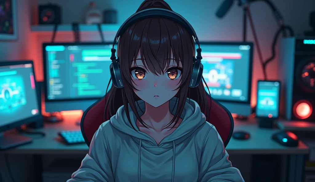 ((Masterpiece)), (((Best Quality)))), ((Illustration)), (Depth of Field: 1.2),Serious and mysterious Komi San themed anime gamer girl,Hacker Beautiful medium skin colored Girl, Indoors, Room, Dim Room,futuristic, Computer Room, not so cute with headphones and brown hair, with a microphone, Computer Equipment, Ethical Hacker, Server Room Background, monitors, (LED monitors, surrounded by multiple display monitors: 1.5), gaming chair, hair highlights, , light cyber clothes, messy room, front, bottom, talking at camera, staring directly into the camara, She is front facing to the camera,center of room, facing the camera