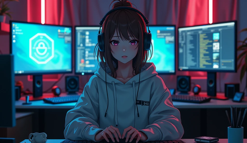 ((Masterpiece)), (((Best Quality)))), ((Illustration)), (Depth of Field: 1.2),Serious and mysterious Komi San themed anime gamer girl,Hacker Beautiful medium skin colored Girl, Indoors, Room, Dim Room,futuristic, Computer Room, not so cute with headphones and brown hair, with a microphone, Computer Equipment, Ethical Hacker, Server Room Background, monitors, (LED monitors, surrounded by multiple display monitors: 1.5), gaming chair, hair highlights, , light cyber clothes, messy room, front, bottom, talking at camera, staring directly into the camara, She is front facing to the camera,center of room, facing the camera