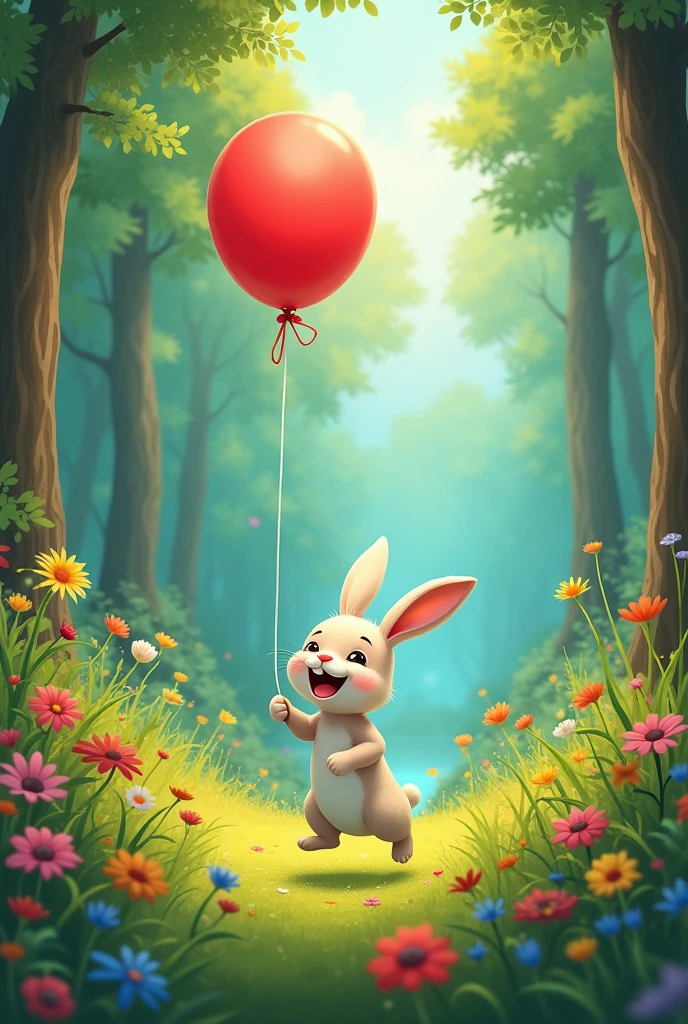 One day, while jumping through the forest, Lino the bunny found a bright and beautiful red balloon tied to a branch. "what a joy!" Lino thought. He decided that the balloon would be his new friend and he took it everywhere.: to the river, to the field of flowers and even to the top of the largest tree.
