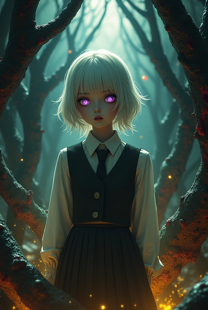 girl with a pretty face, white hair, purple eyes, (((sexy school uniform))), wearing a stylish very sexy school uniform, with a funny expression on her face, Hellwalker, incombing death, hell, black bloody veins growing and intertwining out of the darkness, oozing thick yellow blood, veins growing and pumping blood, (male body:1.6), 1 man, vascular networks growing, connecting, explanding, red veins everywhere, zdzislaw beksinski, (sharp colors:1.3), (rainbow skin:1.1), (Infrared:1.2), ultra detailed, intricate, oil on canvas, ((dry brush, ultra sharp)), (surrealism:1.4), (disturbing:1.5), beksinski style painting, satanic symbols, (full torso), full body in frame, centered body, (male:1.2), realistic, ((intricate details)), (pale gothic evil king), dynamic pose, perfect face, (realistic eyes), perfect eyes, ((dark gothic background)), sharp focus, A product shot from a bird's view with fish eye lens capturing a necromancy book with cover from white human flesh with a screaming decayed death face stretching itself out of the human leathery skin cover and glowing gems where the eyes should've been, in a magical environment, white leathery book, foreshortening, masterpiece, best quality, photograph, dreamlike, face focus, intricate details, sharp focus, photography, photorealism, photorealistic, soft focus, volumetric light, gelatinous, jelly, slime, eldritch, (dark magic), (grim), (intricate details), (hyperdetailed), 8k hdr, high detailed, lot of details, high quality, soft cinematic light, dramatic atmosphere, atmospheric perspective, face focus, (evil Santa Claus, firearms, homemade flamethrower, portraits, dark color tones, dramatic lighting, best quality, ultra-detailed, horror, vivid colors, red eyes, menacing look, evil, eerie, killer)