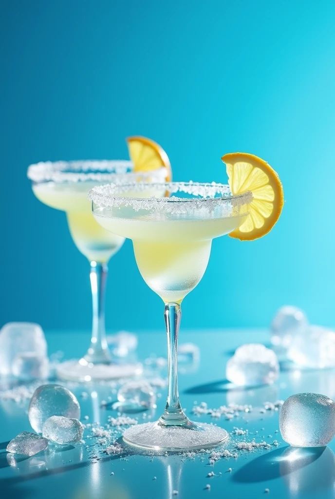 The image shows a margarita-type cocktail glass.., Both decorated with a slice of lemon on the rim and a ring of salt on the edge of the glass... The glasses are placed on a cold surface, the cocktail glasses then have ice particles and a blue background