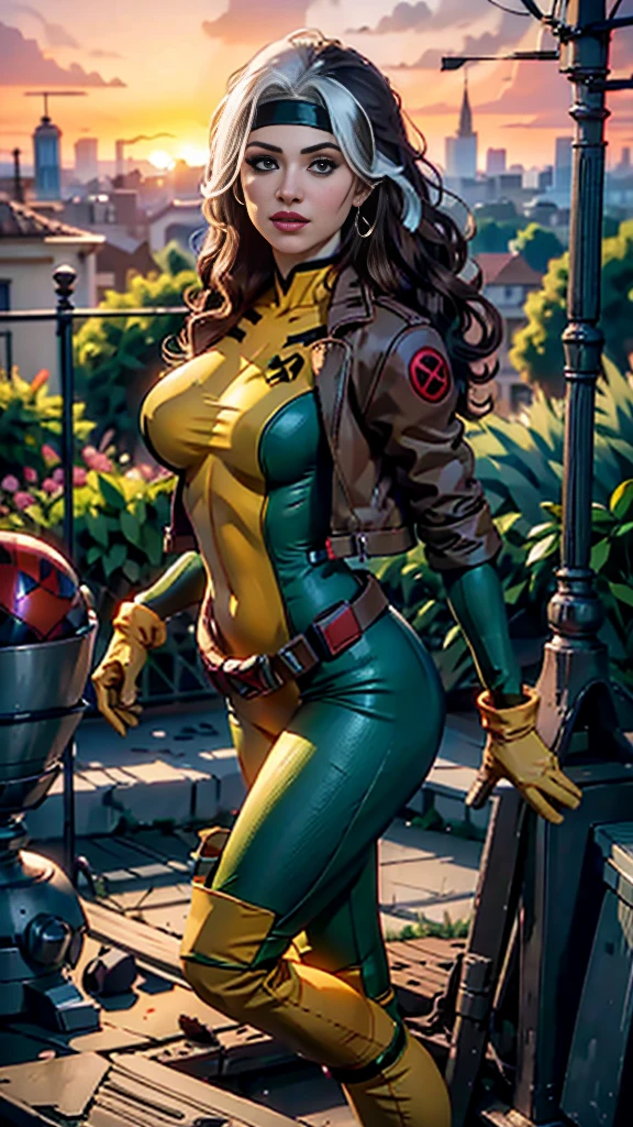 Karen Gillan、Wet、Full body portrait、Long Hair、Brown Hair、Green Eyes、lipstick、compensate、lips、Emphasize cleavage、sexy、White stripes in hair、like、Wavy Hair、Disheveled Hair、Curly Hair、middle～Large Breasts、Surface Plot、((Kelli Berglund:Bailee Madison:0.5))、Yellow suit、Jacket、gloves、belt、アマリロのgloves、Green suit、(Bodysuits:1.4)、Multicolored clothing、(Superhero:1.4)、Firm Skin、Multicolored clothing、Garden and wisteria background、Official Art、Highly detailed CG 8k wallpaper、Perfect lighting、Colorful、bright_amount_method_Light、piel bright、(masterpiece:1.0)、(Better Quality:1.0)、Ultra-high resolution、4K、Super detailed、Director of Photography、8k、HDR、High Resolution Lights、 (Disorder:1.2)、Kodak Portrait 400、Film Grain、Blurred Background、(Bokeh:1.2)、Lens flare、(Bright colors:1.2)、Professional photos、(Beautiful way:1.5)、More detail in 8K。Unreal Engine:1.4、Hmm、Better Quality:1.4、Real:1.4、Skin temperature:1.4、masterpiece:1.8、masterpiece、Better Quality、Object Object]、(Detailed facial features:1.3)、(Destroyed city pre-apocalyptic:1.4)、(Apocalyptic Sunset:1.4)