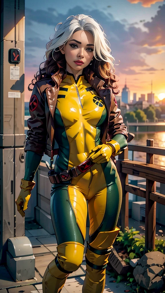 Karen Gillan、Wet、Full body portrait、Long Hair、Brown Hair、Green Eyes、lipstick、compensate、lips、Emphasize cleavage、sexy、White stripes in hair、like、Wavy Hair、Disheveled Hair、Curly Hair、middle～Large Breasts、Surface Plot、((Kelli Berglund:Bailee Madison:0.5))、Yellow suit、Jacket、gloves、belt、アマリロのgloves、Green suit、(Bodysuits:1.4)、Multicolored clothing、(Superhero:1.4)、Firm Skin、Multicolored clothing、Garden and wisteria background、Official Art、Highly detailed CG 8k wallpaper、Perfect lighting、Colorful、bright_amount_method_Light、piel bright、(masterpiece:1.0)、(Better Quality:1.0)、Ultra-high resolution、4K、Super detailed、Director of Photography、8k、HDR、High Resolution Lights、 (Disorder:1.2)、Kodak Portrait 400、Film Grain、Blurred Background、(Bokeh:1.2)、Lens flare、(Bright colors:1.2)、Professional photos、(Beautiful way:1.5)、More detail in 8K。Unreal Engine:1.4、Hmm、Better Quality:1.4、Real:1.4、Skin temperature:1.4、masterpiece:1.8、masterpiece、Better Quality、Object Object]、(Detailed facial features:1.3)、(Destroyed city pre-apocalyptic:1.4)、(Apocalyptic Sunset:1.4)