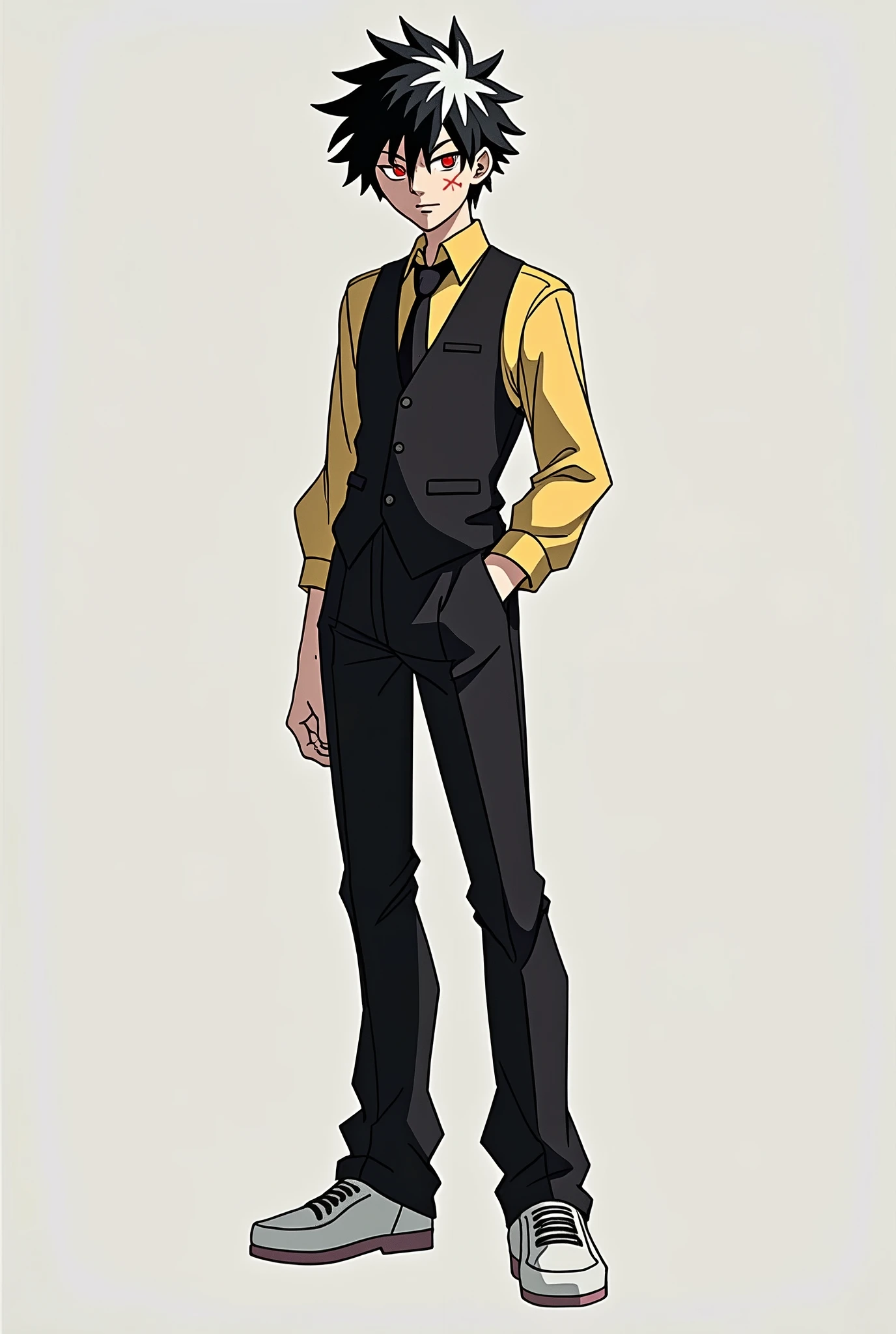 Create a pubescent Boku no hero academia style male character, tall and with a serene expression, with black sclera, red iris and black pupil, black hair with white streaks and an X-shaped scar on his cheek, with a black vest with black pants and white shoes, with a yellow shirt and a small tie