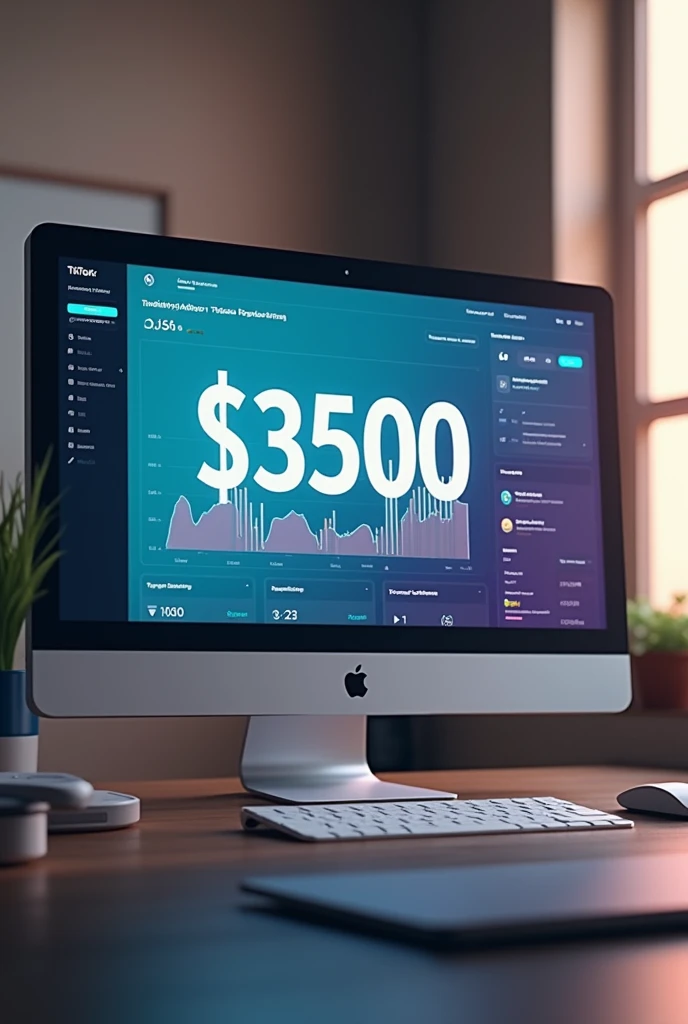 Create a TikTok analytics image with $3500 monetization balance on a realistic Samsung computer