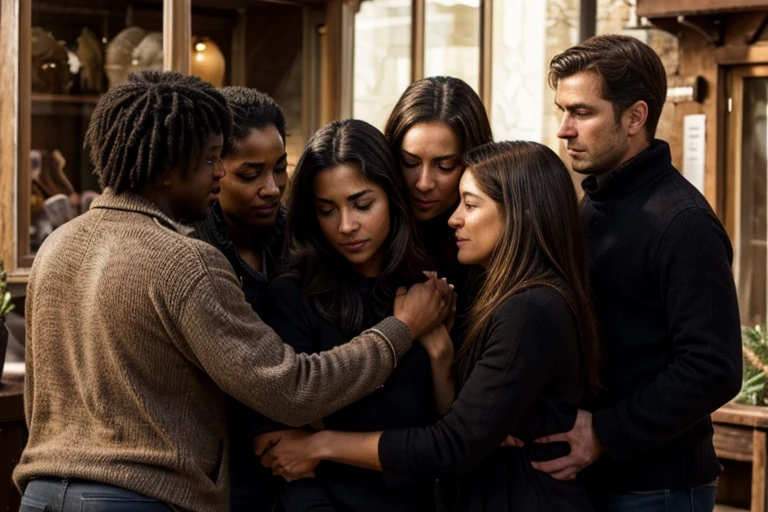 Generate an ultra-realistic scene of a close-knit, supportive community, captured in a moment of solidarity. The image should feature a diverse group of individuals gathered in a humble, yet warm setting, such as a small village or community center. Each person should display emotions of empathy, kindness, and mutual respect, with detailed facial expressions and body language that convey a sense of unity. The color palette should be dark, with deep, muted tones that create a somber yet intimate atmosphere. Ensure that the scene is free of imperfections, with every detail—such as clothing, textures, and lighting—rendered flawlessly to enhance the realism