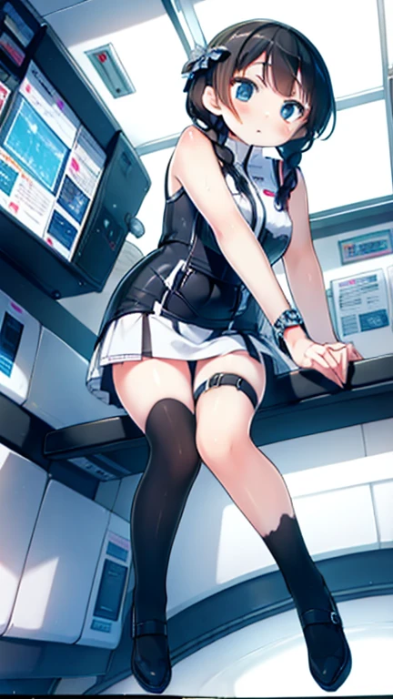 (Highest quality), (masterpiece), 1080P, High resolution, 4K, 8k, Inside the space station、Futuristic room、Thigh straps, Shooting from directly below, The woman on top of me, 白いSweat, Covered , Sweat, Woman looking down, Skirt swimsuit, Thigh-high socks, To achieve this, , , whole body, Black leather shoes, Braided hair, Inner Color, Embarrassed face, Short black hair, bracelet, Bedroom,celestial body_Vest
