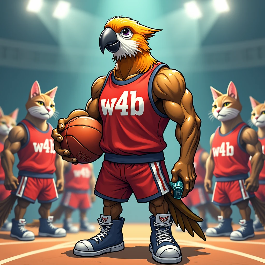 A muscular humanoid parrot with a basketball outfit written on it "W4B" with a basketball in his arm and a beer in his hand in a basketball team with several humanoid and muscular cats in a more realistic style
