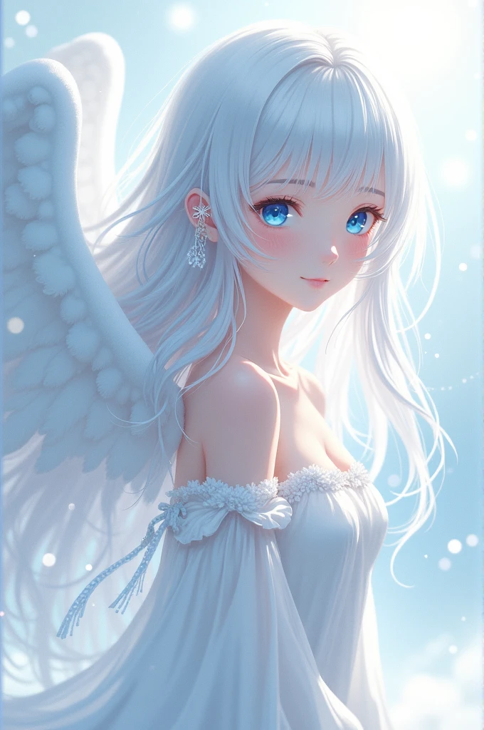 Anime girl with snow white hair, ocean blue eyes, white skin color, white outfit, and with angel style