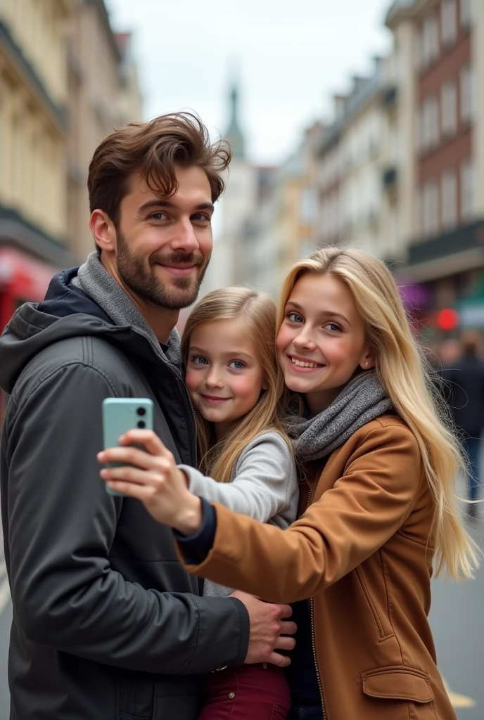 8 year old blonde blue eyes child hugging her father brown hair and eyes and her mother blonde green eyes taking a selfie on the streets of Paris 8k ultra realistic Photorealistic