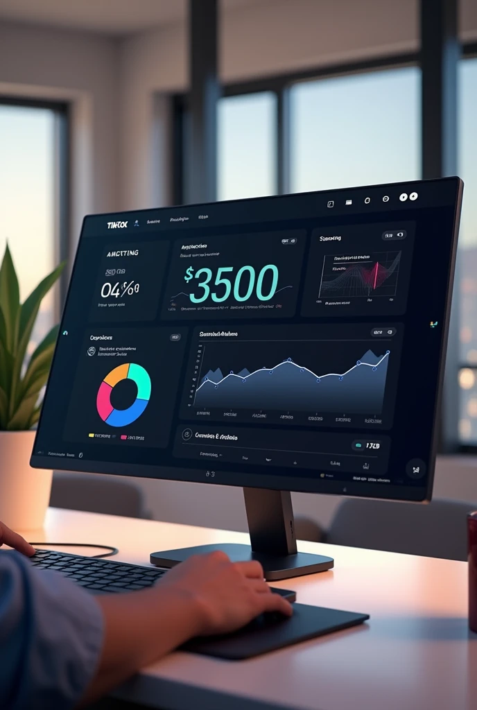 Create a TikTok analytics image with $3500 monetization balance on a realistic Samsung computer