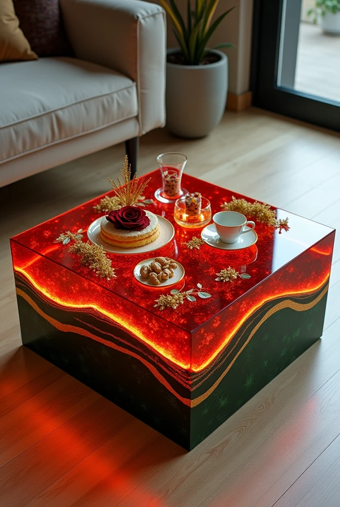 Small square table, perfect for serving coffee, handcrafted with a clear glass top that creates a stunning visual effect inside the table where distinctive decorations and accessories can be seen.. The table has warm red LED lighting placed inside the table, to reflect on the accessories inside and add a warm and comfortable atmosphere.. The sides of the table are covered with a layer of epoxy in shades of red and dark green, interspersed with shiny gold stripes in the form of veins and intertwined lines, which gives a sense of luxury and distinction.. The interior of the table can be decorated with golden swags, small flowers, a cake, nuts, a red rose, and a tea cup.. The table is placed on a light-coloured wooden floor to enhance the contrast between the luxurious design and modern colours, making it a distinctive piece of art in any room or living room.