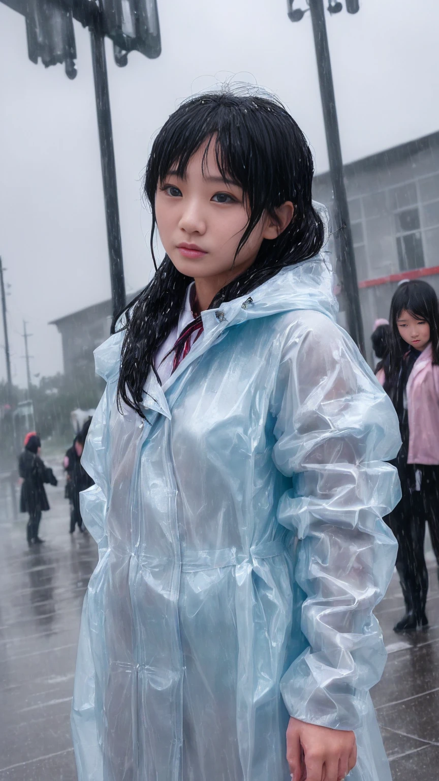 Browsing Caution、最high quality、high quality、Best image quality、8k、最High resolution、High resolution、masterpiece、Detailed and realistic human body、Detailed and realistic skin、Realistic face in every detail、Realistic reproduction of every detail、Detailed and realistic lips、Detailed and realistic teeth、Detailed and realistic ears、Detailed and realistic hair、Detailed and realistic weapons、Realistic reproduction of every detail、Realistic fingers in every detail、(Beautiful Hands、thumb1reference4)、Realistic feet down to the last detail、Realistic breasts down to the last detail、Realistic areola down to the last detail、Realistic nipples down to the last detail、Realistic pussy down to the last detail、((Japanese Model))、((Elementary school girl))、((Junior.Idol))、(())、((Black Hair))、((Random Hairstyles))、((whole body))、((Flat Chest、Small breasts))、(Slim and perfect figure)、(whole body光沢肌、Fair skin)、((Full nudity、Completely naked))、((暗い cold stormy weather))、((Pouring rain))、((In the Storm))、((School Playground))、((Pouring rainの中(Standing in the middle of the schoolyard))、((Colorful transparent vinyl(Raincoat))、((裸の上からRaincoatを羽織る))、((Pouring rainを浴びて(Soaked skin from head to toe))、((Rain dripping from the skin))、((Raincoatを通して彼女の裸体姿がはっきりと見える))、((彼女の裸体にピッタリと張りつくRaincoat))、((Raincoatから滴る雨水))、((Crowd in the background、There is an audience(The crowd looks at her with disdain.))