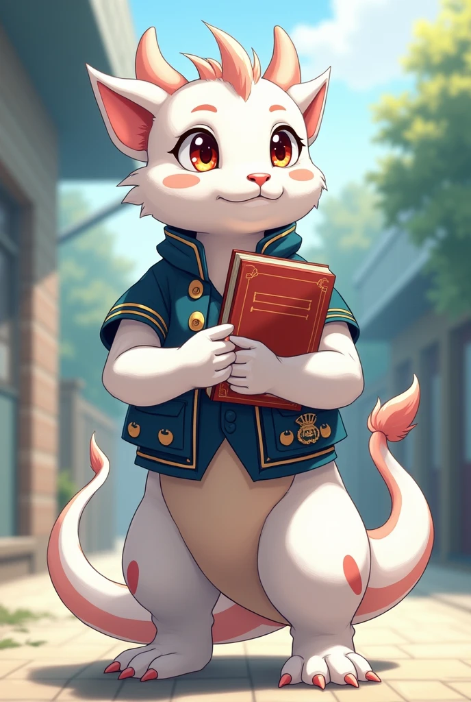 white juvenile furry dragon mele, ideal body, ,still in high school being a student council member, wearing student council clothes, anime texture, he was reading a book while standing with one hand, cool