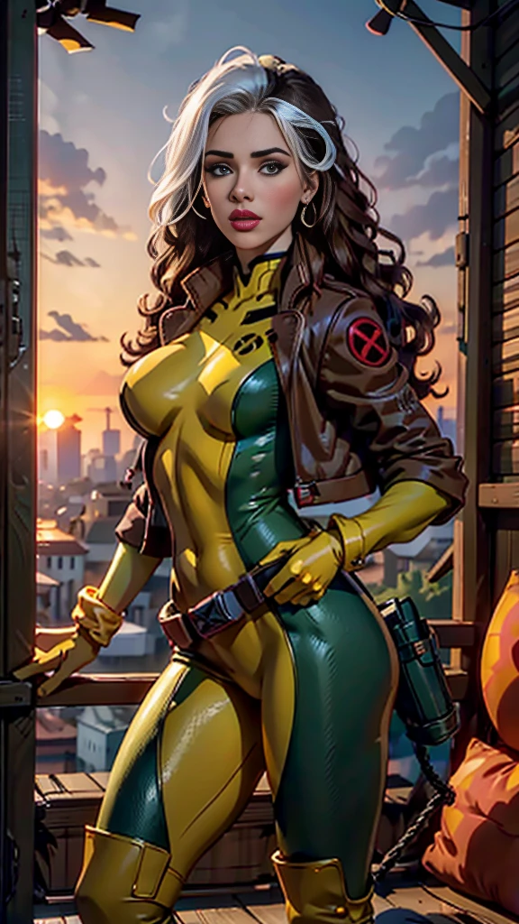 Scarlett Johansson、Wet、Full body portrait、Long Hair、Brown Hair、Green Eyes、lipstick、compensate、lips、Emphasize cleavage、sexy、White stripes in hair、like、Wavy Hair、Disheveled Hair、Curly Hair、middle～Large Breasts、Surface Plot、((Kelli Berglund:Bailee Madison:0.5))、Yellow suit、Jacket、gloves、belt、アマリロのgloves、Green suit、(Bodysuits:1.4)、Multicolored clothing、(Superhero:1.4)、Firm Skin、Multicolored clothing、Garden and wisteria background、Official Art、Highly detailed CG 8k wallpaper、Perfect lighting、Colorful、bright_amount_method_Light、piel bright、(masterpiece:1.0)、(Better Quality:1.0)、Ultra-high resolution、4K、Super detailed、Director of Photography、8k、HDR、High Resolution Lights、 (Disorder:1.2)、Kodak Portrait 400、Film Grain、Blurred Background、(Bokeh:1.2)、Lens flare、(Bright colors:1.2)、Professional photos、(Beautiful way:1.5)、More detail in 8K。Unreal Engine:1.4、Hmm、Better Quality:1.4、Real:1.4、Skin temperature:1.4、masterpiece:1.8、masterpiece、Better Quality、Object Object]、(Detailed facial features:1.3)、(Destroyed city pre-apocalyptic:1.4)、(Apocalyptic Sunset:1.4)