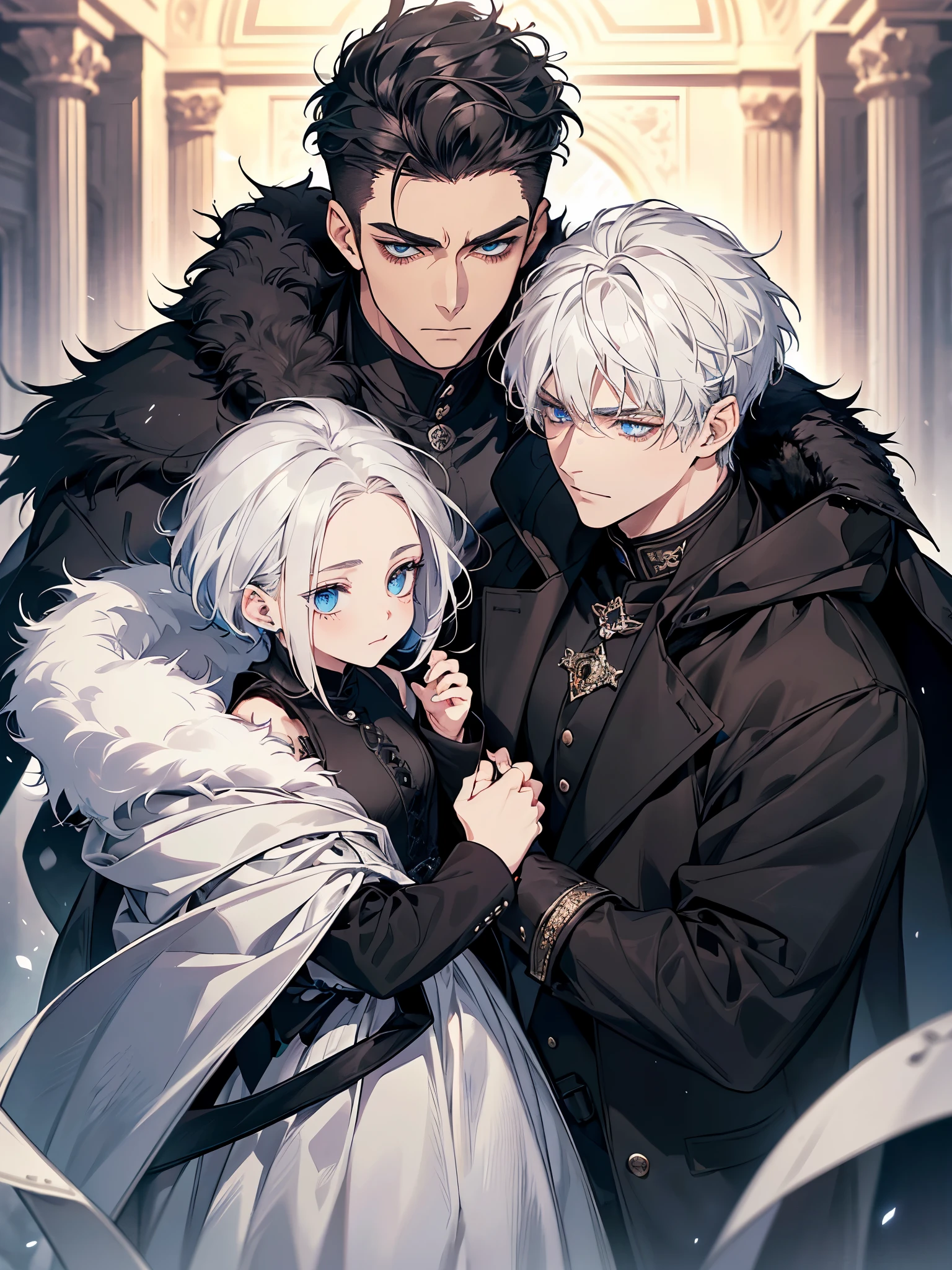 (work of art, high resolution, better quality, exquisite details,((Face details)),Family portrait ((There are four people.)), mother, father, twin sons , blue eyes, Front showing smiling face, long hair woman ((white hair)), manshort hair((manblack hair)), ,short hairสีดำ, ((blue eyes)),Quiff Hairstyles, ((short hairสีดำ)), [Thick eyebrows], ((black long coat)), ((all black)),Silver veil edge, (blue eyes) , handsome , muscle, Facial expressions, black knight armor , black fur shawl(Masterpiece,best quality,special, (Broad shoulders)) (muscle), A woman wearing a white dress,blue eyes, lover, Club party, Superb details, Two 2 year old children , First child, child((man))2 years old (short hair )((black hair)) blue eyes,Second child, child((man)) (short hair) ((white hair)) blue eyes.Two children , Family of four